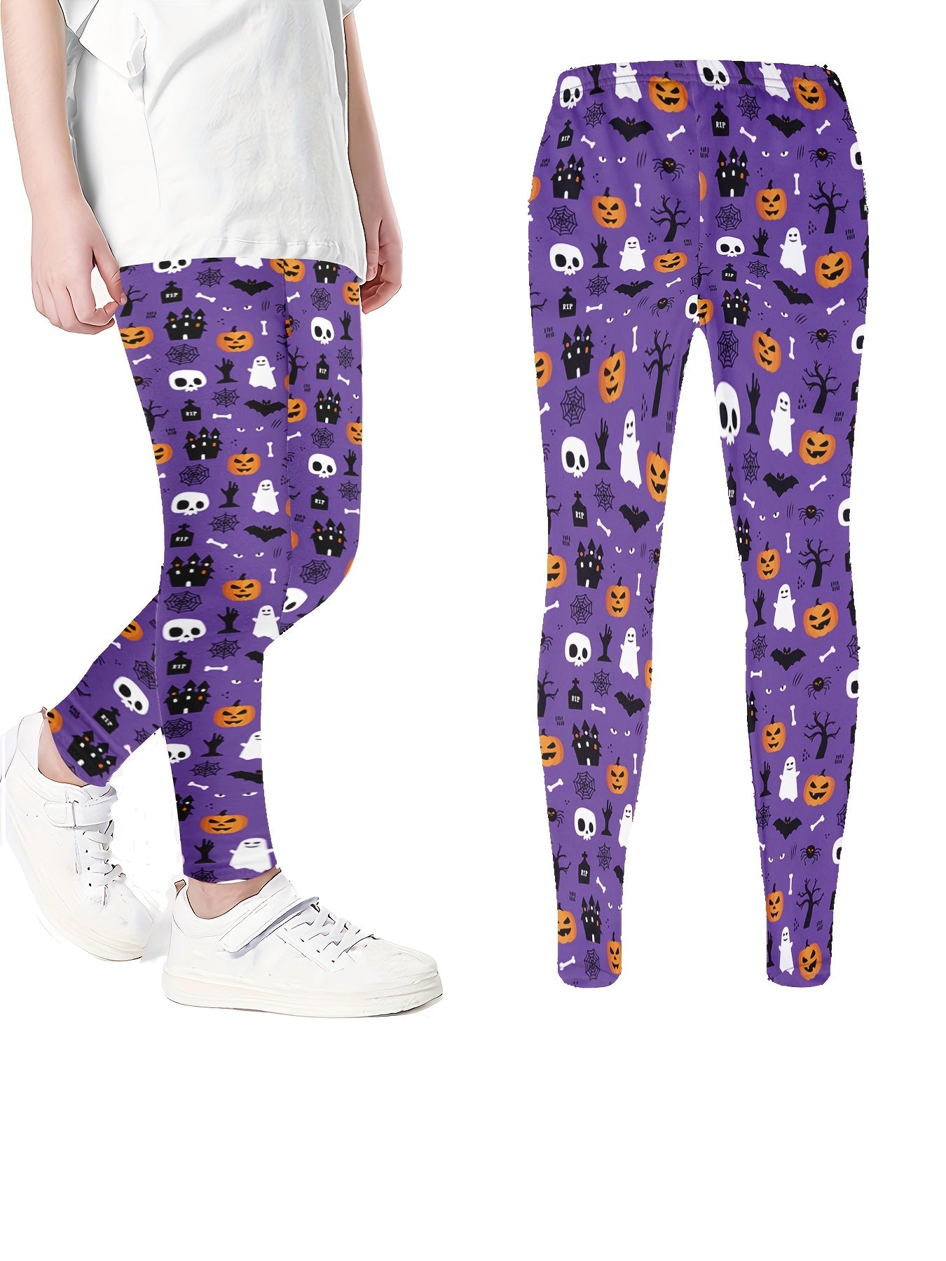 Girls Halloween Skull & Pumpkin Leggings Slim Fit Sports Trousers