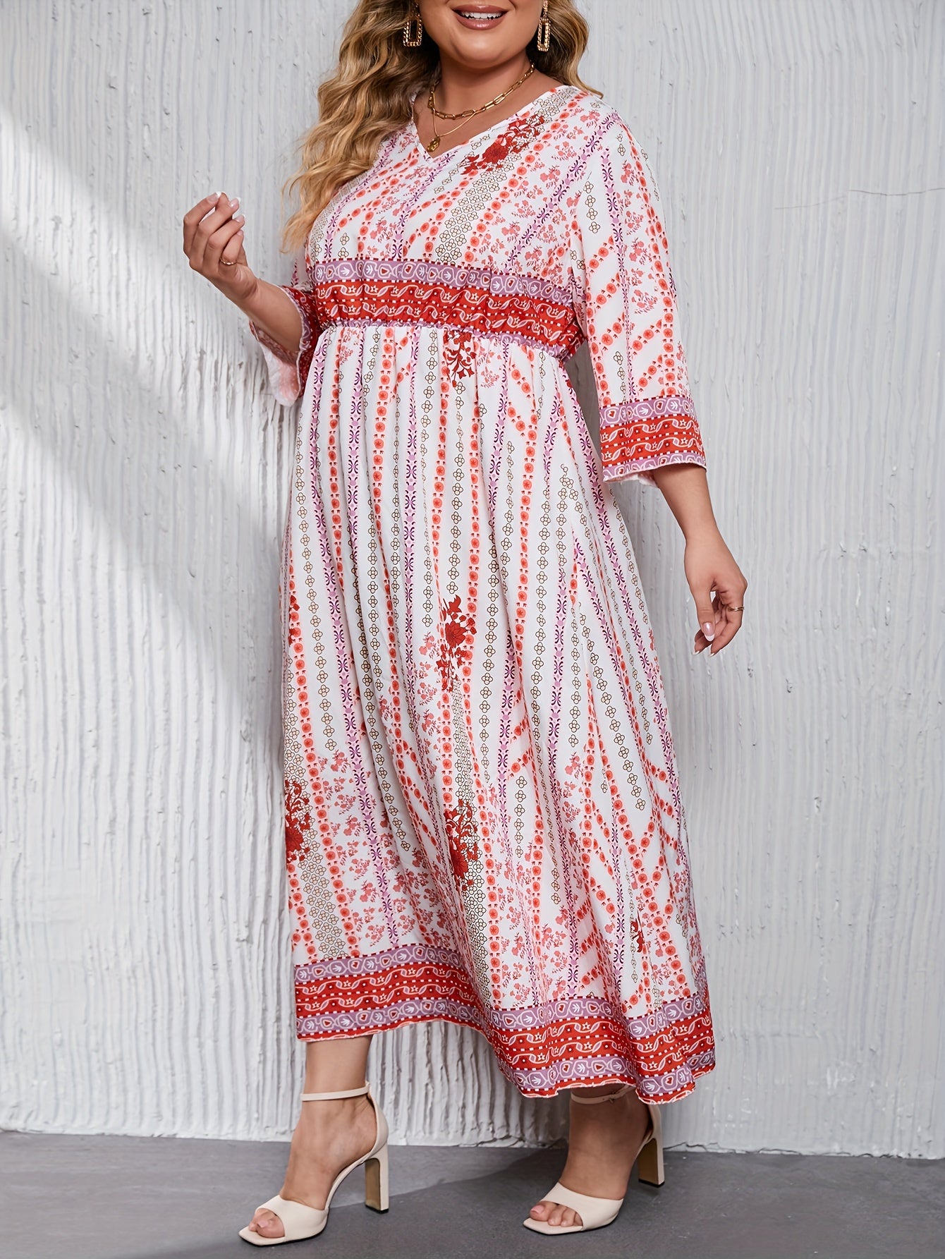 Women's Plus Size Kaftan Dress Floral & Geometric Print V Neck Maxi