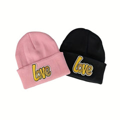 LOVE Sequin Decor Beanie Couple Knit Hat Lightweight Warm Skull Cap