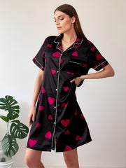Heart Print Satin Nightdress Short Sleeve Button Sleep Dress