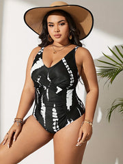 Modest Swimsuit Tie Dye Cross Front Ruched Tummy Control