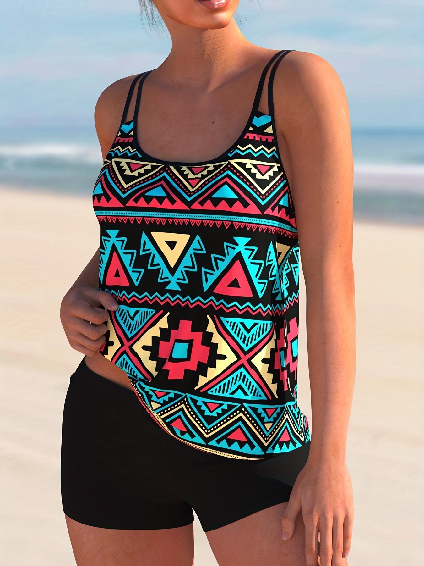 Geo Print Round Neck Cami Top & Shorts Swimsuit Set
