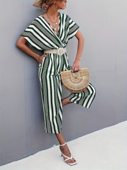 Striped Surplice Neck Belted Jumpsuit Casual Batwing Sleeve Jumpsuit