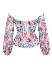 Floral Print Corset Bustier Ruffle Long Sleeve Lace Up Body Shaper