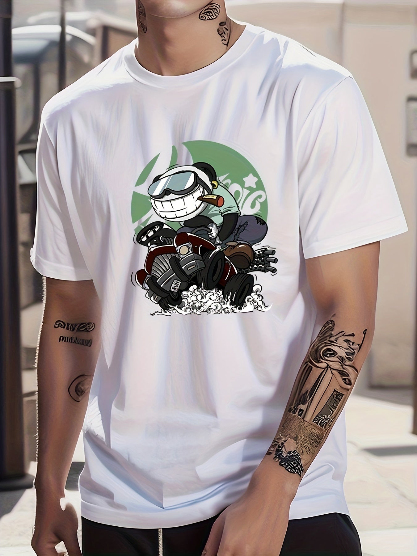 Cotton Anime Panda On Vintage Car Print Men's Graphic Crew Neck T shirt