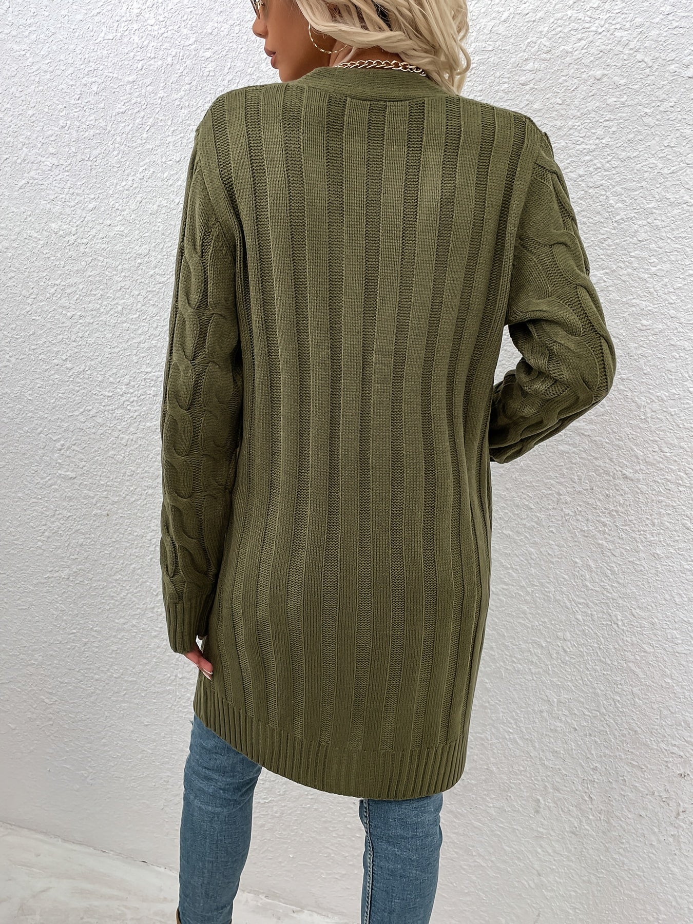 Button Up Pocket Cardigan Long Sleeve Mid Length Cardigan