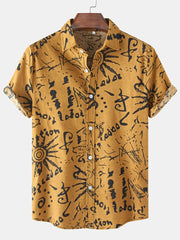 Men s Casual Flax Tie Doodle Style Shirt Short Sleeve Hawaiian Shirt