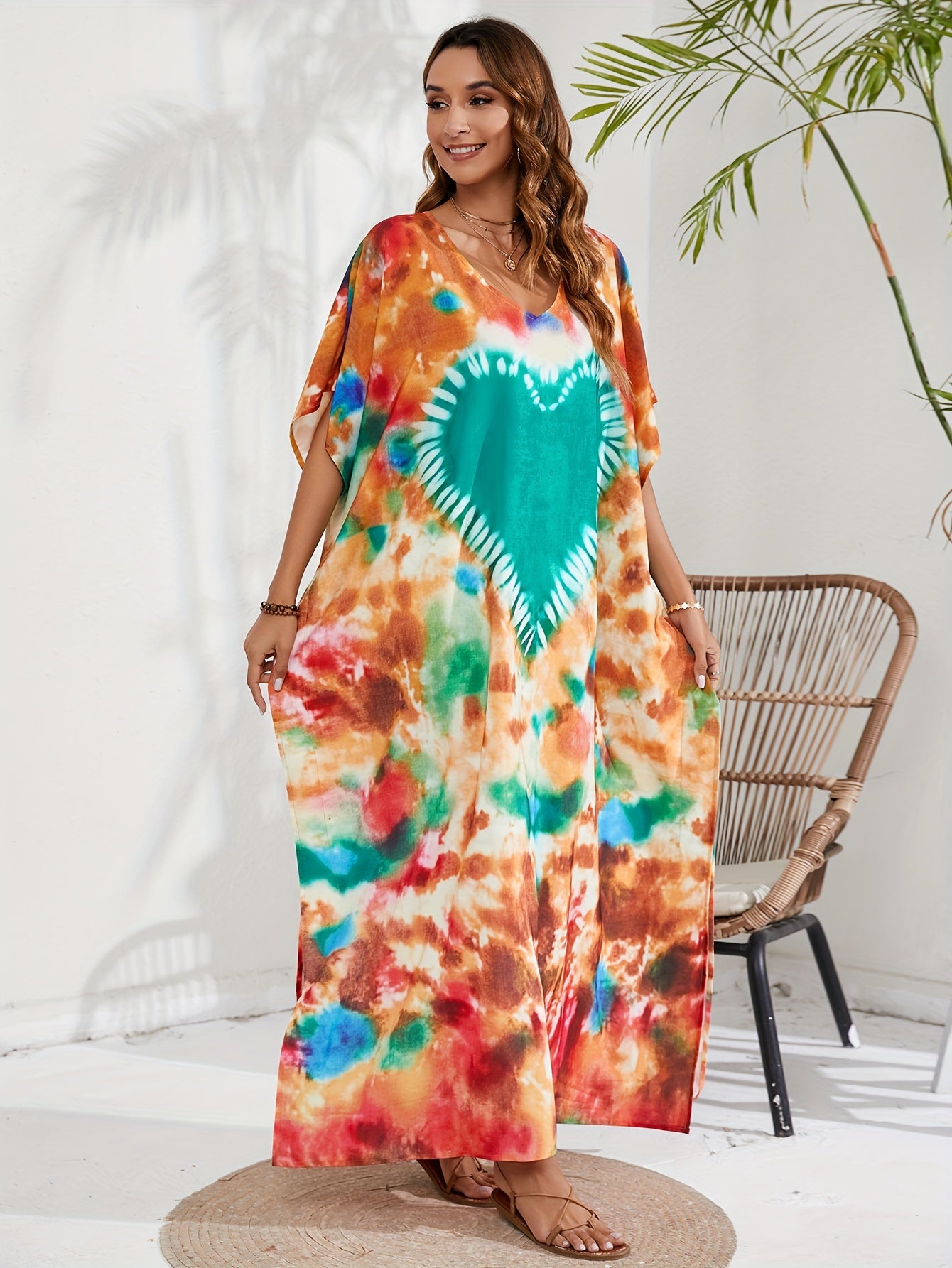 Boho Cover Up Tie Dye Heart Pattern V Neck Maxi Beach Cover Up
