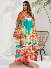 Boho Cover Up Tie Dye Heart Pattern V Neck Maxi Beach Cover Up