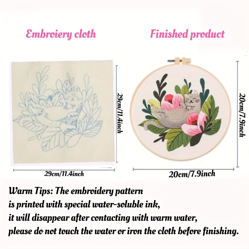 Kitten Embroidery Kit for Beginners - Includes Cloth, Hoop, Needles