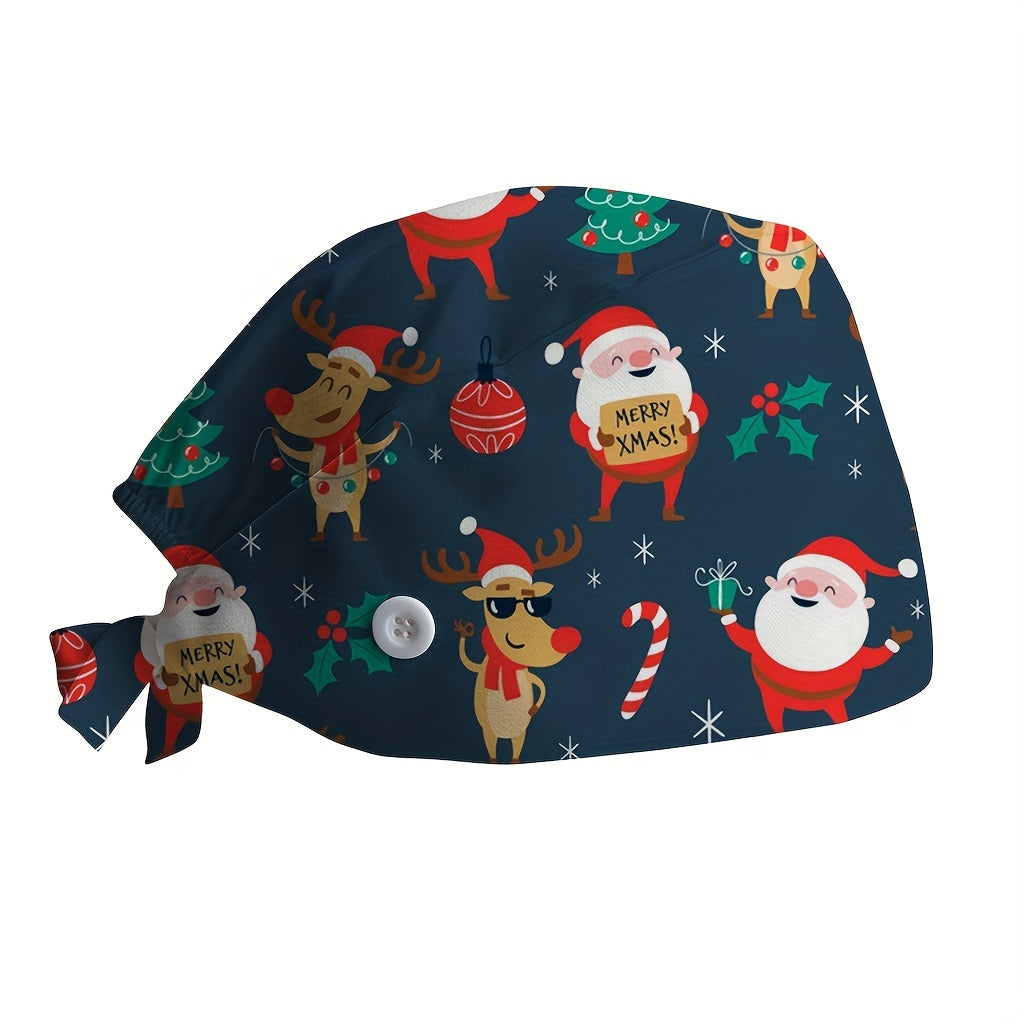 Christmas Cartoon Print Work Hat Elastic Nurse Cap Adjustable Scrub Hats