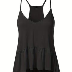 Casual Cami Top Women's Plus Solid Round Neck Ruffle Trim Tank Top