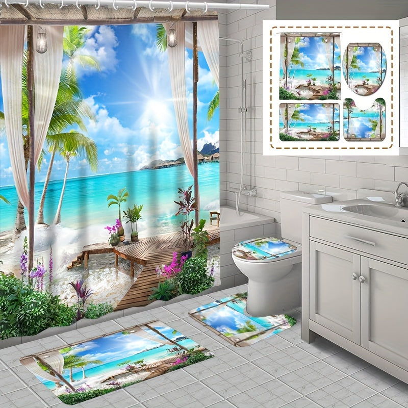 Summer Beach Shower Curtain Bathroom Non Slip Mat 4pcs Set
