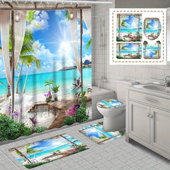 Summer Beach Shower Curtain Bathroom Non Slip Mat 4pcs Set