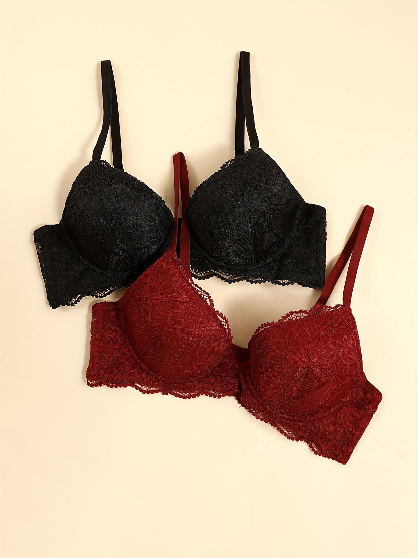 2pcs Lace Push Up Bras with Scallop Trim