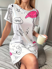 Letter Cartoon Print NightDress Short Sleeve Pajama Dress