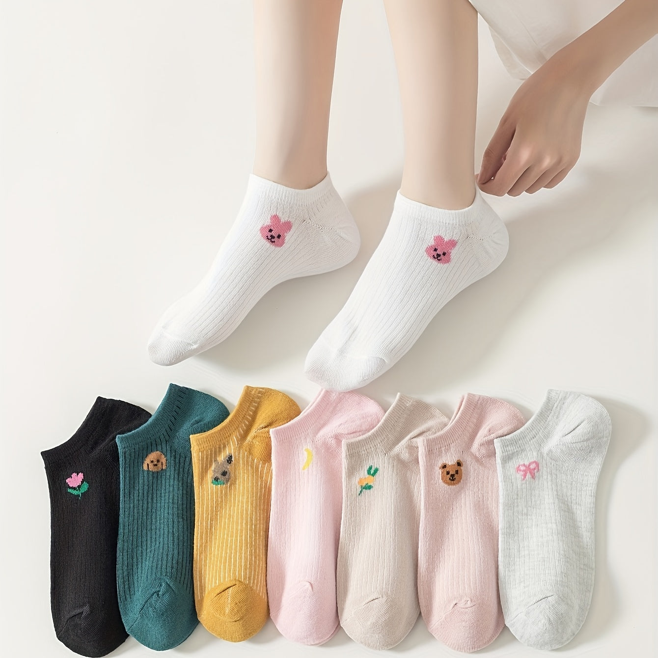 8 Pairs Cartoon Animal Print Socks & Low Cut Ankle Socks Women's Stockings