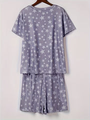 Stars Print Casual Two piece Set Crew Neck Short Sleeve Tee & Drawstring Shorts