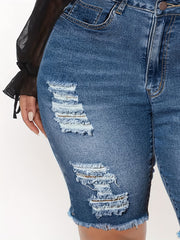 Casual Denim Shorts Women's Plus Washed Ripped Button Fly Fringe Trim