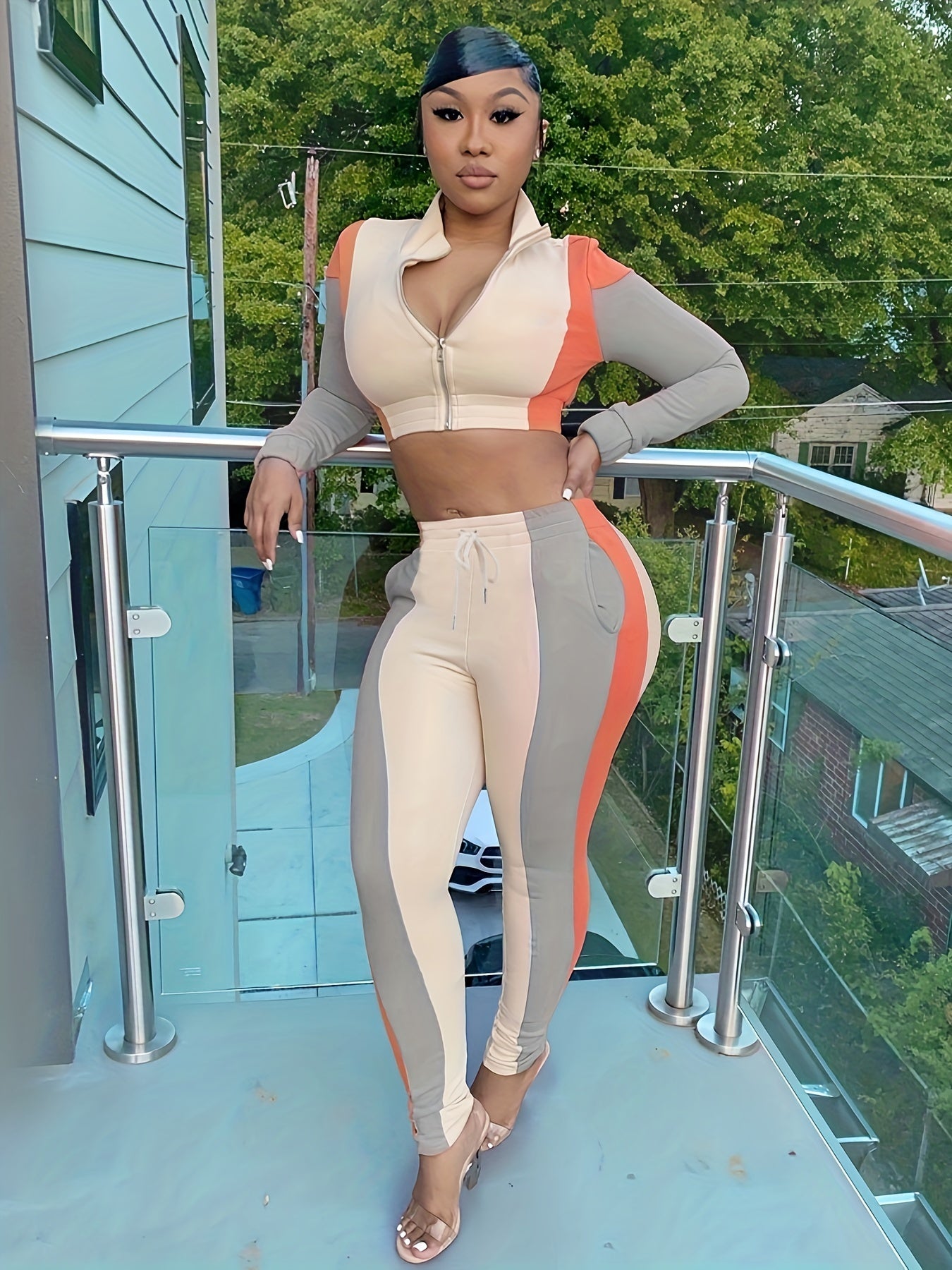 Street Wear Zip Up Crop Top & Elastic Pants Set