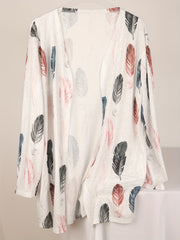 Feather Print Open Front Cardigan With Pockets