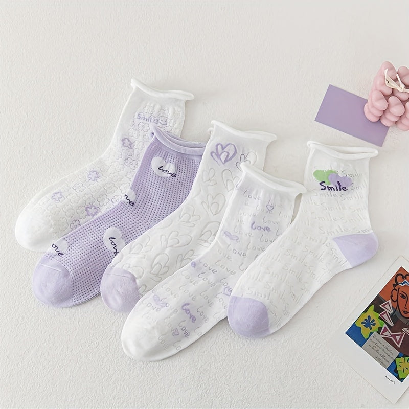 5 Pairs Heart & Floral Print Socks for Women