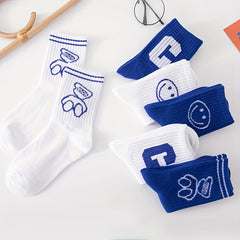 3 Pairs Kids Cotton Blend Crew Socks Small Bear Smiling Face Letter Print