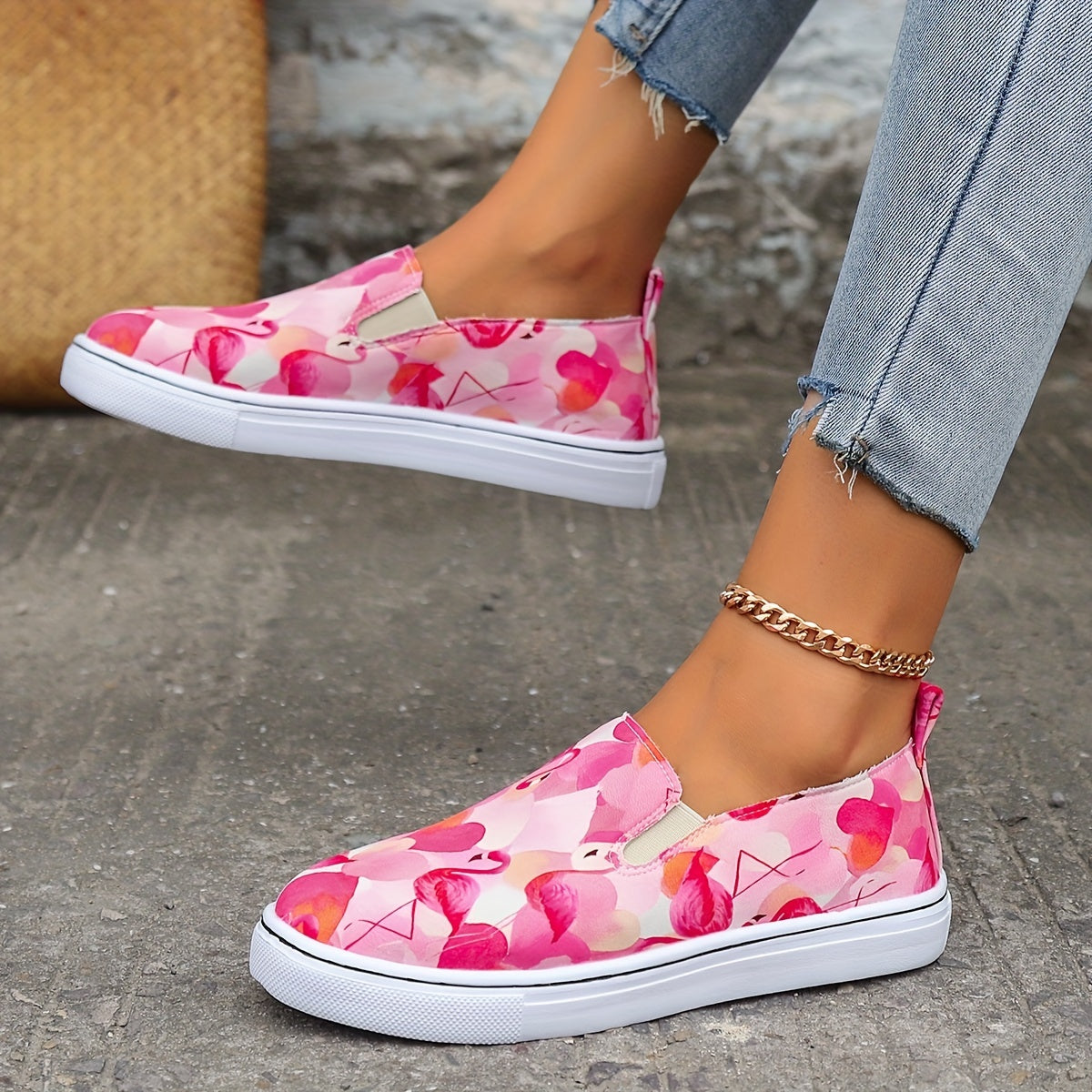 Flamingo Print Pink Flat Skate Shoes Soft Sole Slip On Sneakers