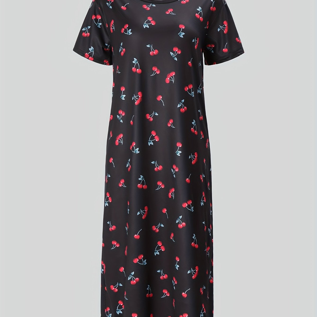 Cherry Print NightDress Short Sleeve Crew Neck Pajama Dress Women's Sleepwear