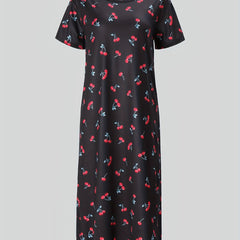 Cherry Print NightDress Short Sleeve Crew Neck Pajama Dress Women's Sleepwear