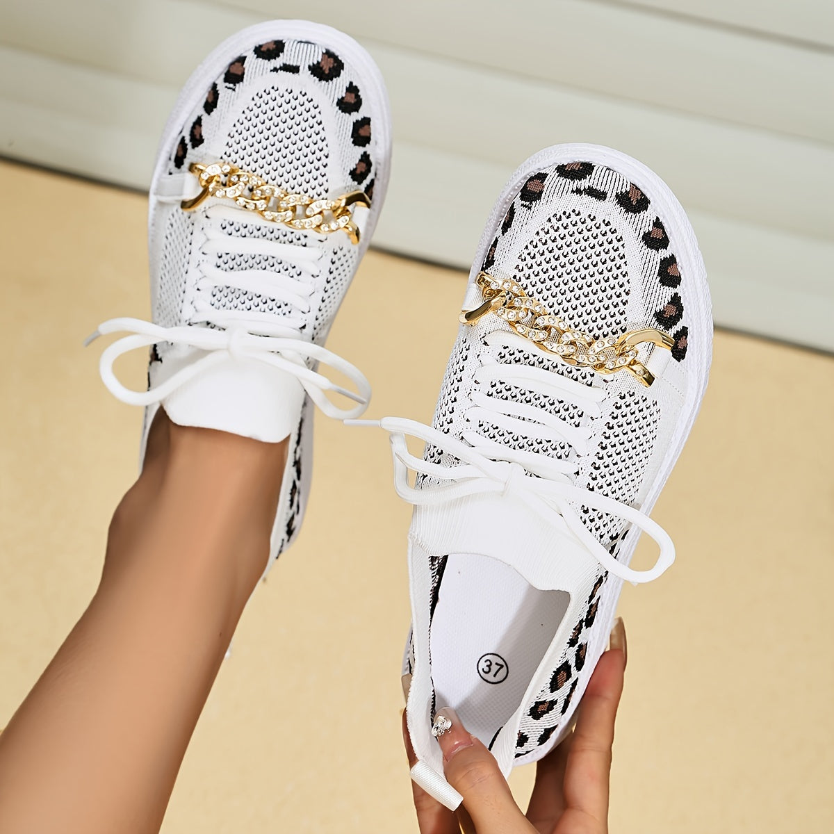 Leopard Print Mesh Walking Shoes Lightweight Outdoor Sneakers