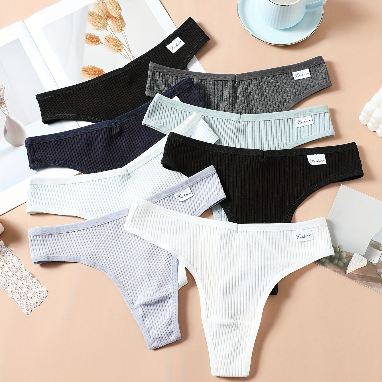 8pcs Seamless Ribbed Thongs Low Waist Panties Women's Lingerie