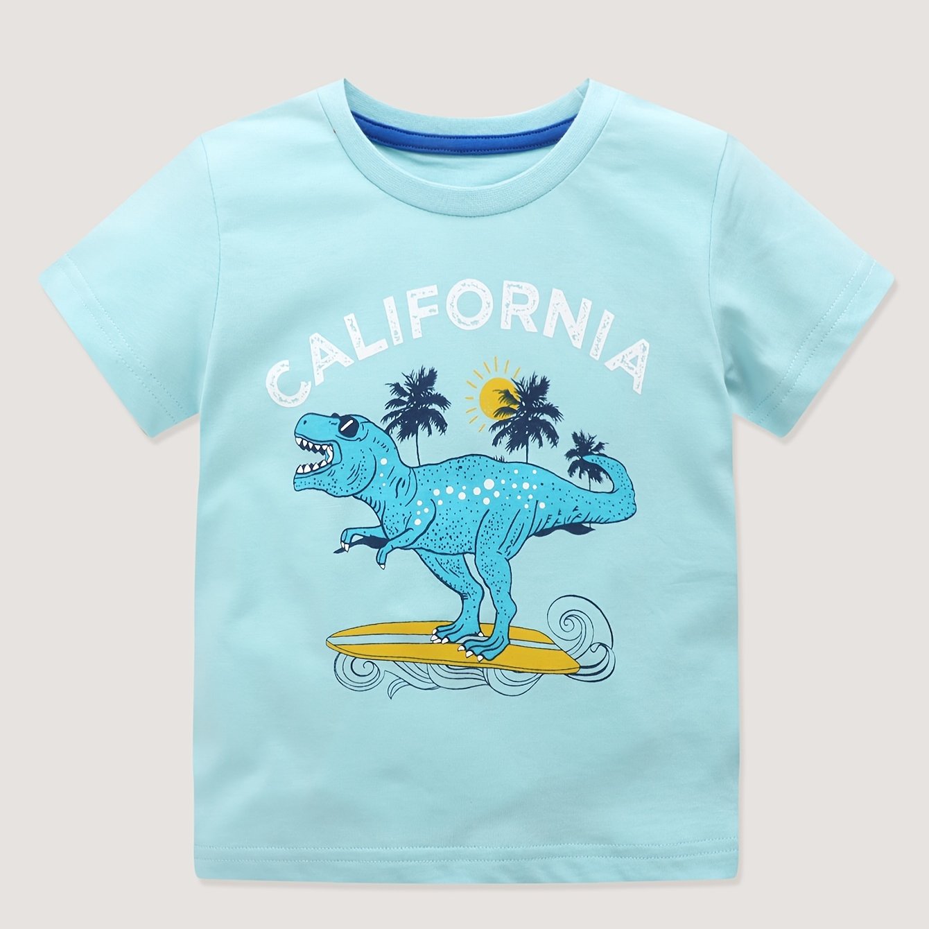 Boys Skating Dinosaur Print Cartoon T shirt Kids Short Sleeve Comfy Cotton Top