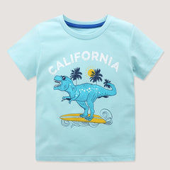 Boys Skating Dinosaur Print Cartoon T shirt Kids Short Sleeve Comfy Cotton Top