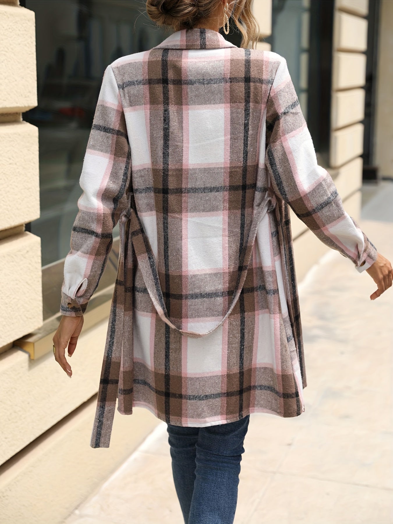 Plaid Belted Jacket Long Sleeve Fall Winter Women's Clothing