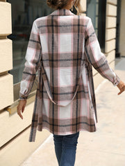 Plaid Belted Jacket Long Sleeve Fall Winter Women's Clothing