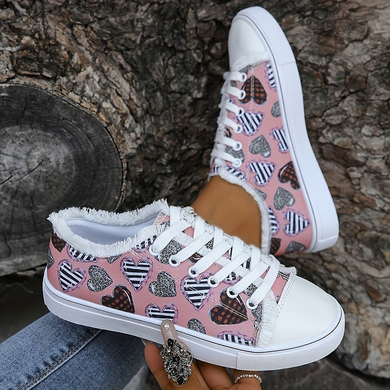 Women's Heart Pattern Canvas Shoes Casual Lace Up Outdoor Shoes