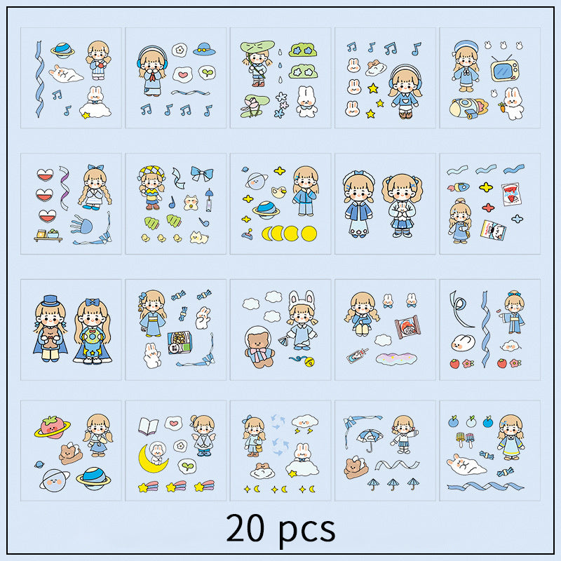 20pcs PET Cartoon Girl Characters Hand Tent Decorative Stickers