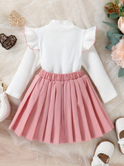 Baby Toddler High Neck Knit Top Pleated Skirt Set