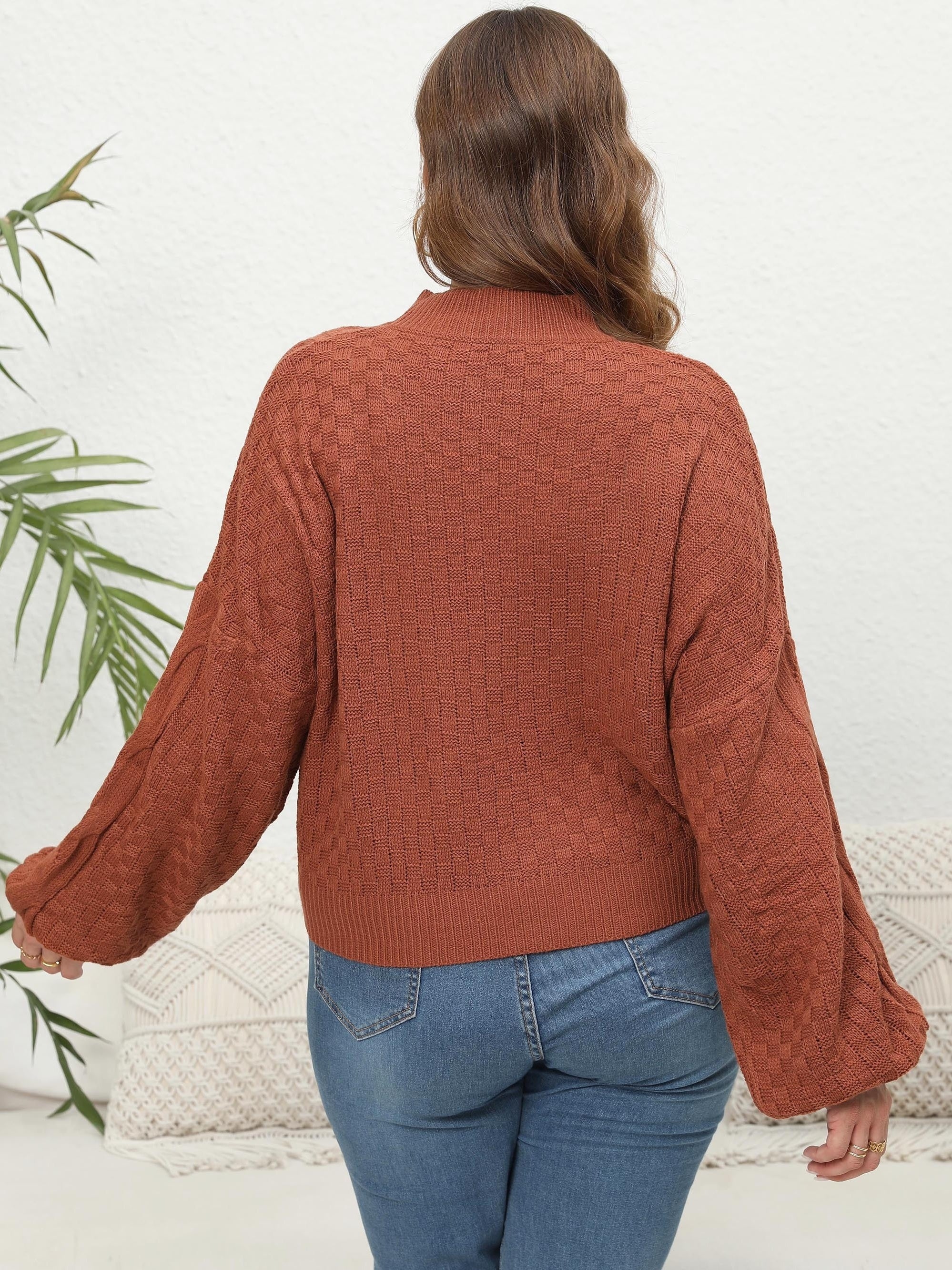 Casual Sweater Solid Cable Lantern Sleeve Mock Neck Jumper