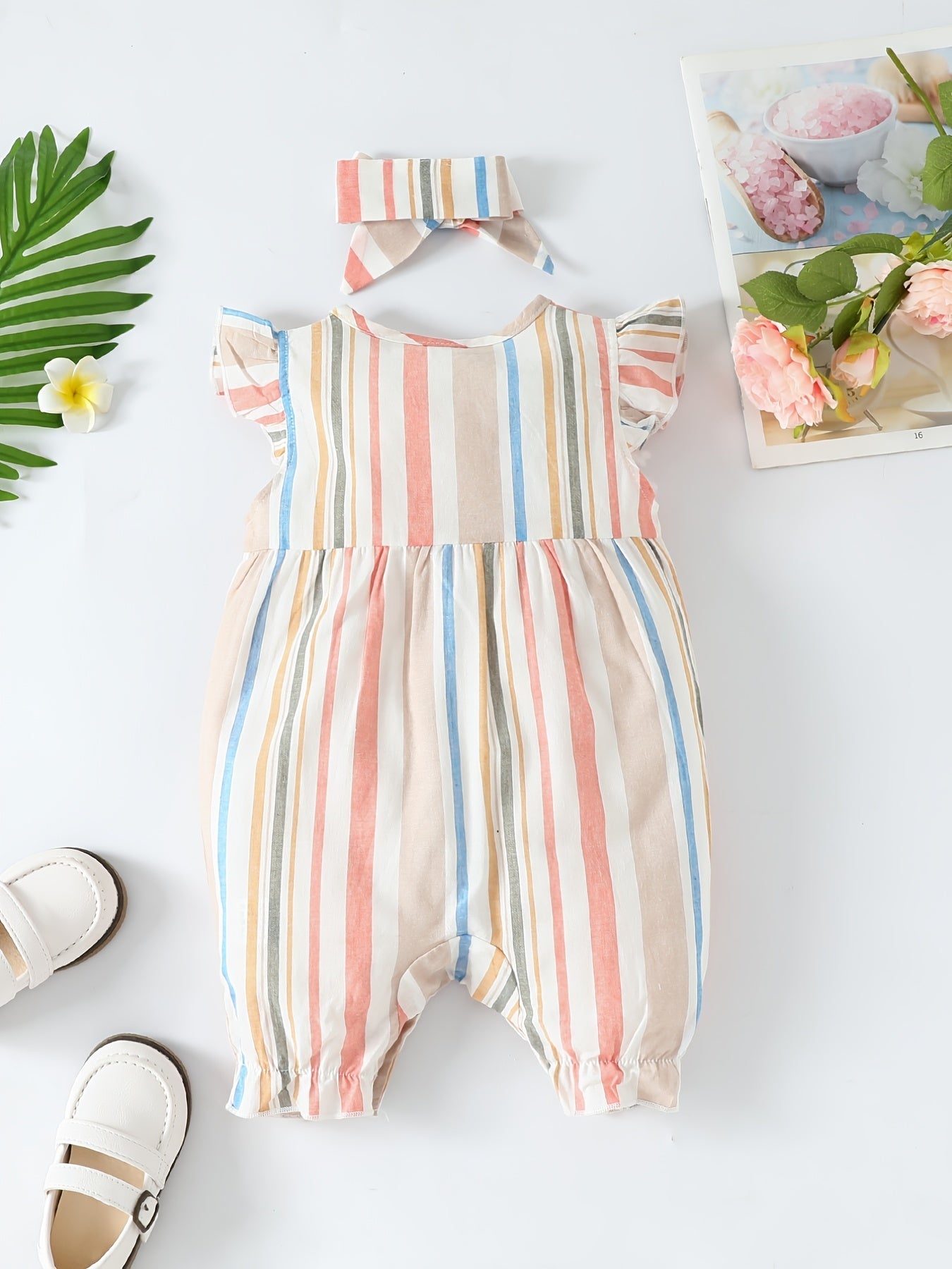 Baby Girls Striped Ruffled Romper & Headband Set