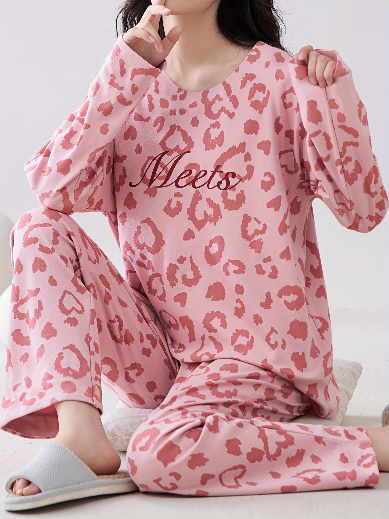 Leopard Print Pajama Set Long Sleeve Top & Elastic Waistband Pants