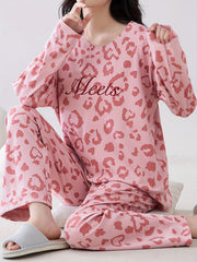 Leopard Print Pajama Set Long Sleeve Top & Elastic Waistband Pants