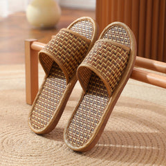 Women's Linen Flat Slides Open Toe Rattan Shoes Non Slip