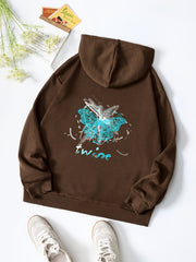 Butterfly & Letter Print Hooded Shirt Casual Sweatshirt
