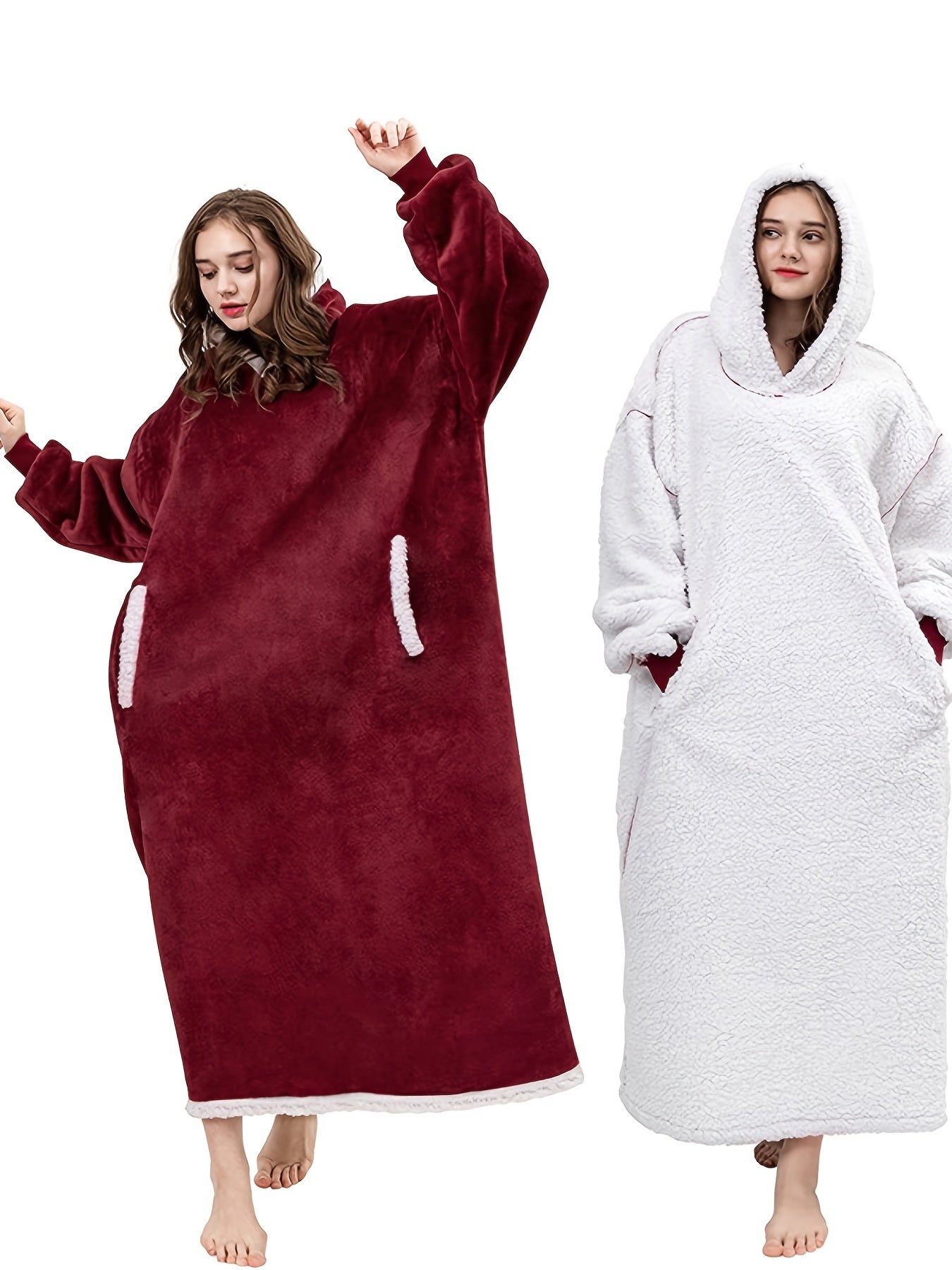 Women's Plus Size Fleece Hooded Lounge Robe with Pockets