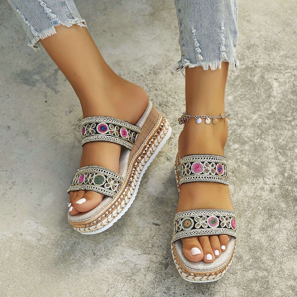 Women's Wedge Espadrille Sandals Square Toe Slip On Platform Slide Sandals