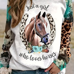 Horse & Letter Pattern Pullover Sweatshirt for Women