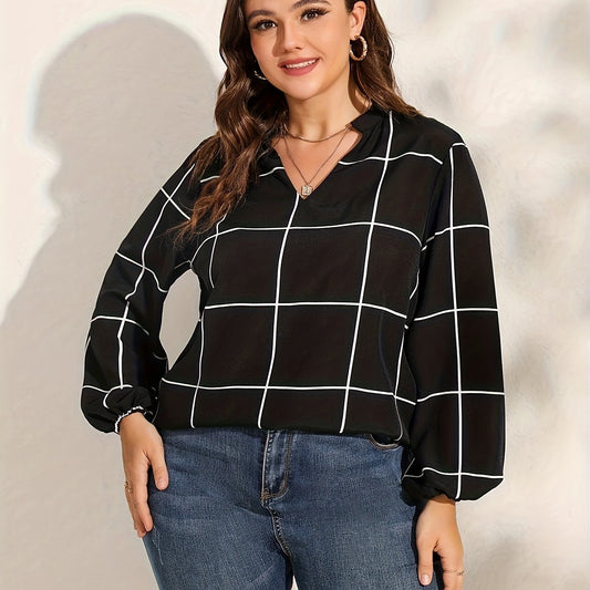Casual Blouse Women's Plus Grid Print Notched Neck Tunic Top