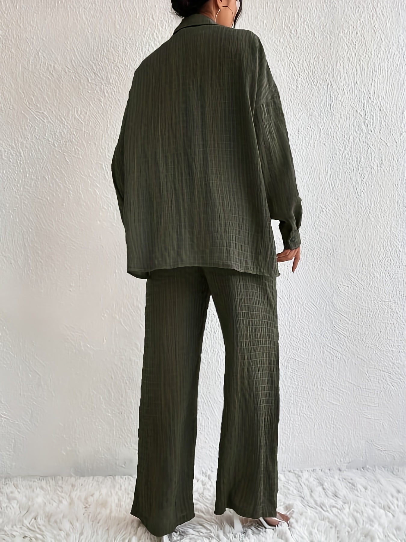 Solid Button-Up Long Sleeve Blouse & Wide Leg Pants Set
